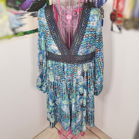 Betsey Johnson Gypset Watercolor Print Crochet trim Boho Chiffon dress size 6 - Picture 11 of 13